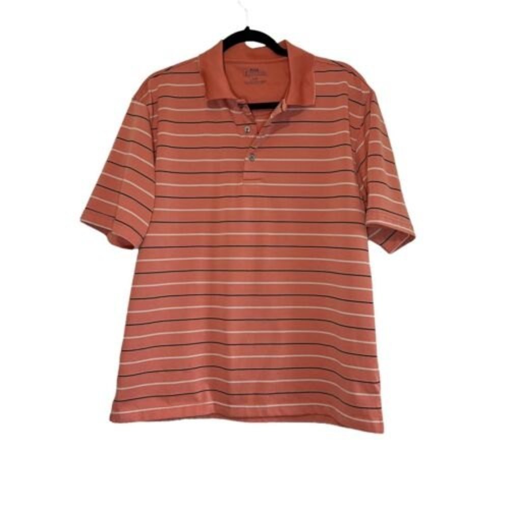 PGA Tour Mens Large Orange Stripped Golf Polo Short Sleeve Shirt